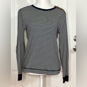 Ralph Lauren Black&White Striped Long Sleeve Teew/ Suede elbow patches& neck zip